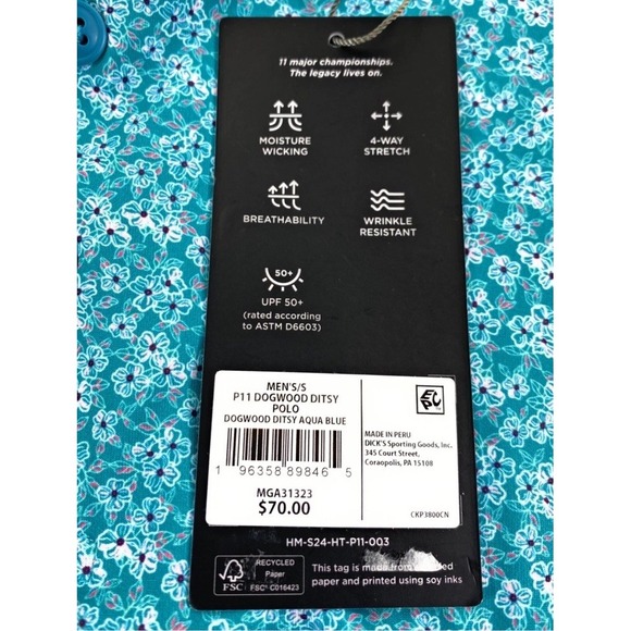 NWT Walter Hagen Men's Performance‎ 11 Dogwood Ditsy Aqua Blue Polo Shirt Small - Picture 7 of 7
